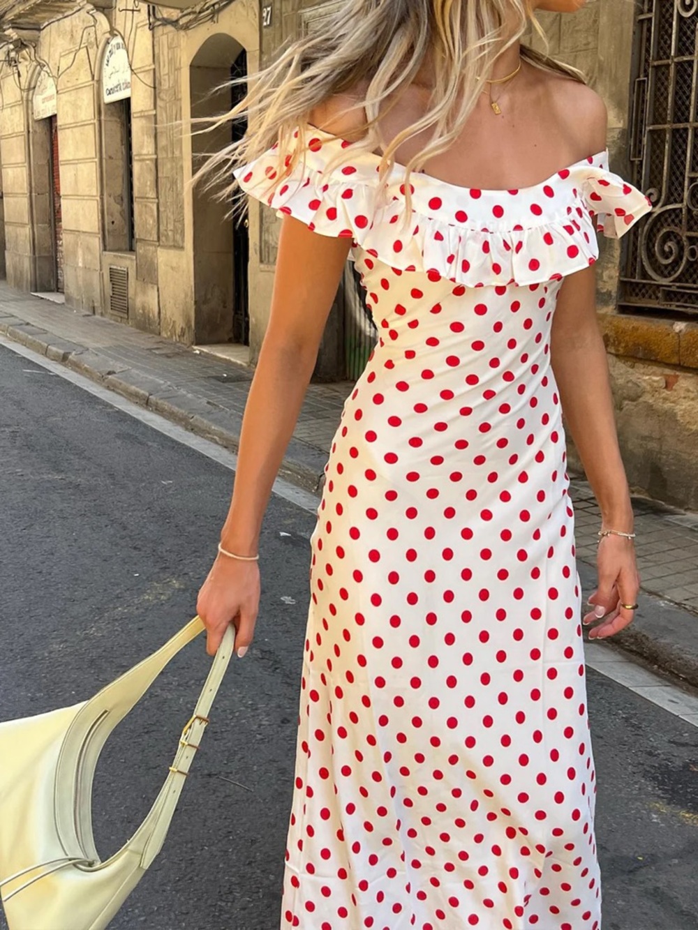NWT COMMEN Semi-Sheer Polka Dot Ruffle Hem Off-Shoulder Long Dress